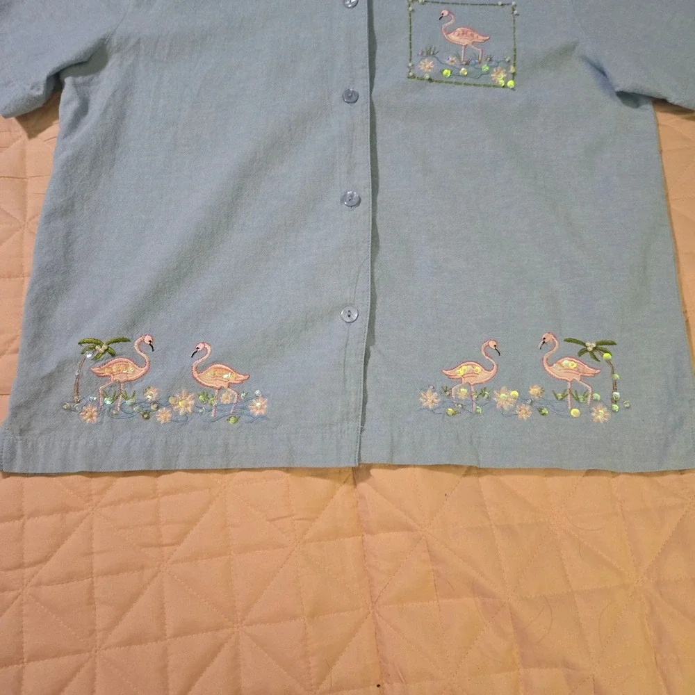 Jane Ashley Blue‎ Cotton Flamingo Chambray Set Top Pants PL Embroidery Sequin